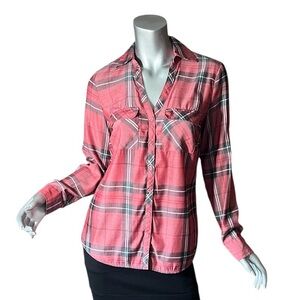 New York & Co. Women’s SMALL Red Plaid Lightweight V Neck  Button Front Shirt